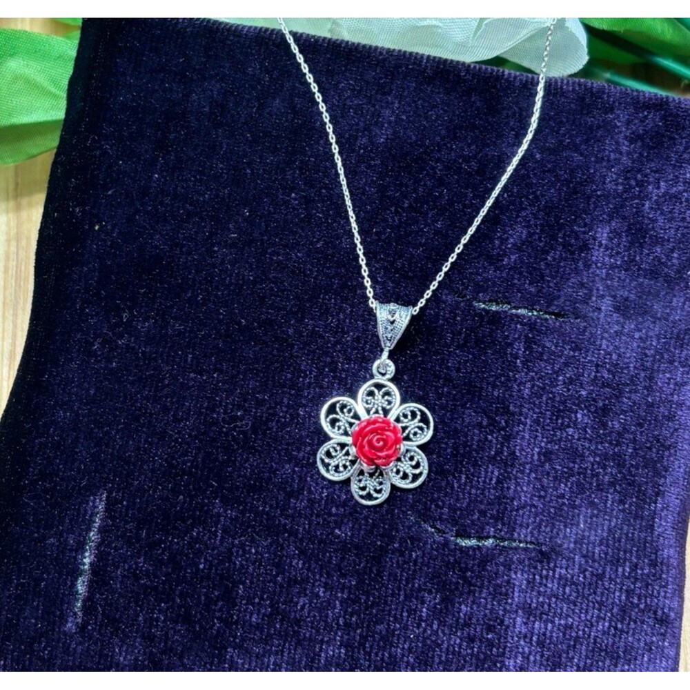 925 Sterling Silver Turkish Filigree Flower Necklace for Women, NEW,HandmadeGift - Picture 5 of 5